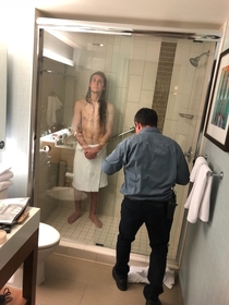My buddy traveled across the country to visit me last weekend Unfortunately he got stuck in his hotel shower for  hours Shout-out to Julio for helping out a man in need