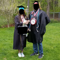 My commencement ceremony got postponed so my parents held a backyard graduation for me instead My dad was very excited to create his own regalia to celebrate the occasion