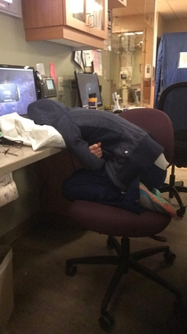 My coworker finds interesting ways to sleep on night shift in the hospital