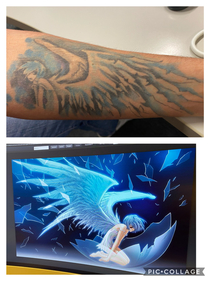 My coworkers anime angel tattoo that ended up looking like a depressed emo dude