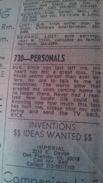 My dad kept a newspaper from  This is the first ad in the personals