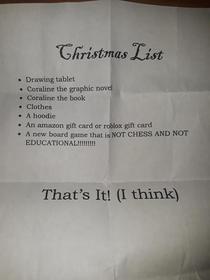 My daughters Christmas list for this year 