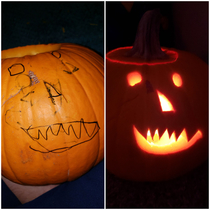 My daughters drawing on the pumpkin vs my carving