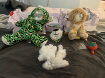 My dog ate just the face of my kids favorite cat toy She asked me to just sew the cats face hole shut which would just be so fucking creepy So Im sitting here while shes gone doing a full on stuffy face transplant Dont have kids