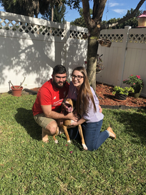 My fiance and I wanted a nice picture of us with our dog for Christmas he sneezed