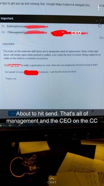 My friend sent this email using a fake account to his CEO and all employees No one should have to poop in fear 