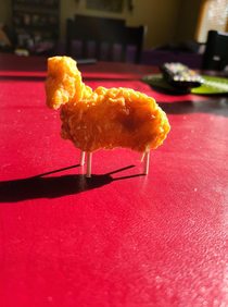 My friend thought her chicken nugget looked like a lamb so she gave him tooth pick legs