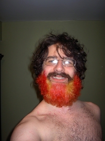 My friends dad lost a bet and dyed his beard