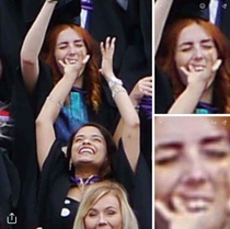 My friends girlfriend accidentally got her mouth violated by the girl infront of her during her graduation picture