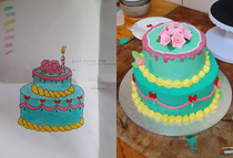 My girlfriends and mine first attempt at making a cake from scratch Sketch vs the the final product