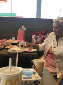 My grandma turned  today Every morning she goes to the MacDonalds for coffee and they had a party for her