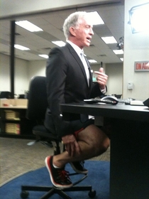 My local news station posted this to their Facebook with the title Ever wonder what anchors really wear under the desk