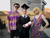 My mate wasnt going to his graduation due to his parent being away So we took a budget graduation photo and stepped in as mum and dad