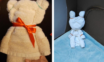 My mom tried to make a cute bear with the towels at the hotel for the cradles I need to practice a bit more she said while removing it before any baby could see it