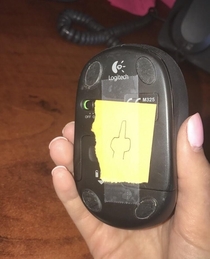 My mouse wasnt working at work turned it over to investigate and got this sweet message 