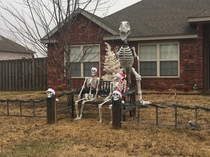 My neighbors just added Santa hats to their Halloween decorations