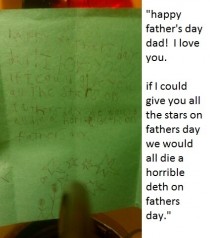 My nephew shows his understanding of the nature of stars in his homemade fathers day card to his Dad