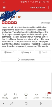 My new job has a bidet in the bathroom This is a review of our restaurant we got today