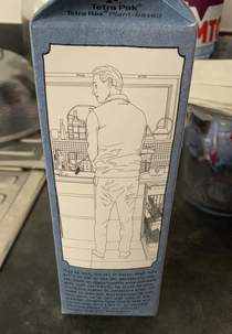My oat milk has a drawing of a guy that just got caught pissing in the sink