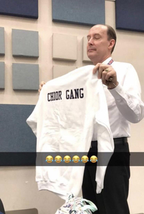 My old choir teacher looking disappointed when he saw the typo on the sweatshirt someone ordered