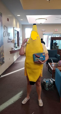 My SO is going through chemo and each time she is going as a different theme This week it is bananas Shes handing out frozen chocolate covered bananas to other patients and telling them that This whole thing is bananas