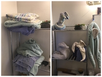 My so was displeased with my towel folding job I think I redeemed myself