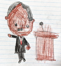 My son was supposed to draw Dr Martin Luther King Jr but with the mustache the side part hair and outstretched arm hes looking like someone else