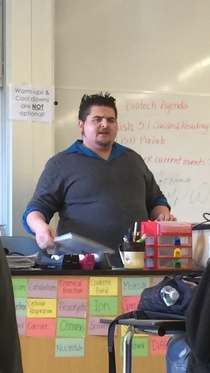 My substitute teacher looks like a cross of Wolverine and The Penguin