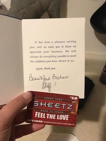 My wife got mad when I received this thank you note She thought it was from a strip club or something It was actually from the auto body shop