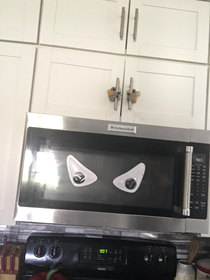 My wife put the huge googly eyes on the microwave now I feel like Im being judged every time I cook