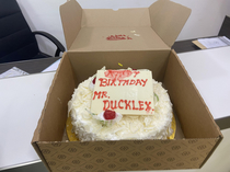 My work mate Douglas had a birthday The shop we were working at bought him a cake