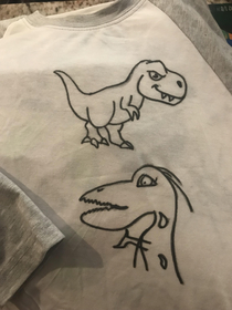 My  year brother drew a raptor from memory on a MagnaDoodle and I transferred it onto my  year old nephews shirt to color in for his birthday present A redditor wanted to see the shirt and Im not tech savvy enough to post more than one pic at a time