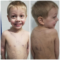 My  year old apparently let his brother draw tattoos all over him oh and those circles on his right ribcage are abs I am told