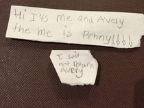 My  year old daughter just left with her cousin Penny for her first sleep-over Penny left this comforting note on my bedside table
