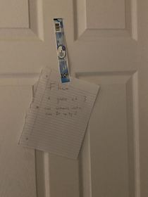 My year old son left this on his door He has a roller hockey game at pm 