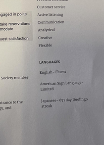 OC Someone sent a resume with their Duo Lingo streak under Languages