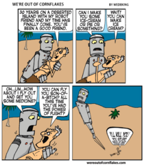 On a deserted island with his robot friend
