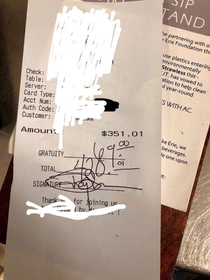 One of my coworker had his last night in the restaurant industry tonight This was his last check ever