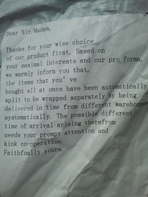 Ordered  Items off Amazon that came direct from China Their message about splitting up the order made me smile