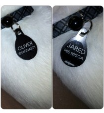 Our cat lost his collar and name tag so I sent my boyfriend to get new ones Uhm hello I have Oliver Shagnasty here Is this Jared His nigga