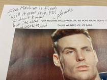 Our ice machine was broken so I left a photo of Vanilla Ice on the machine The repairman wrote a reply on the note