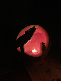 Our pumpkins rotted so husband had to carve a watermelon instead