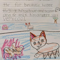 Passed by a classroom today and loved this devious little fox drawn by a nd grader I only realized later that the gingerbread man is bleeding out in the corner