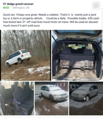 Person on a Facebook sale group is posting videos of jumping this minivan over dirt ramps until someone buys it