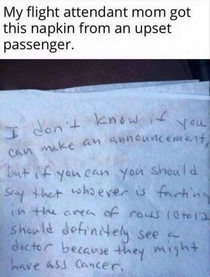 Pic #1 - Flight attendant got this napkin from an upset passenger