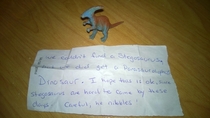 Pic #1 - Last summer when booking a hotel under the Special Requests section I put Can I please have a baby Stegosaurus in my room I will bring the food and water and Ill take care of him Thanks This was what was on the bed when I arrived