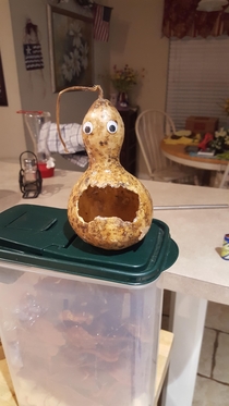 Pic #2 - I had some fun with googly eyes and one of my grandmas gourds