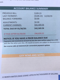Posted this on my FB but figured I could conjure up a few more laughs This is my Utility bill electric excluded for the month of December Youre welcome ps You bet your sweet cheeks they are coming to read my meter again in the morning