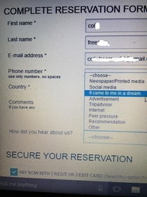 Rather amusing option for How did you hear about us on a Nigerian hotel booking form