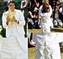 Roger Federer was so excited after winning Wimbledon in  that he wore his pants backwards at the trophy ceremony
